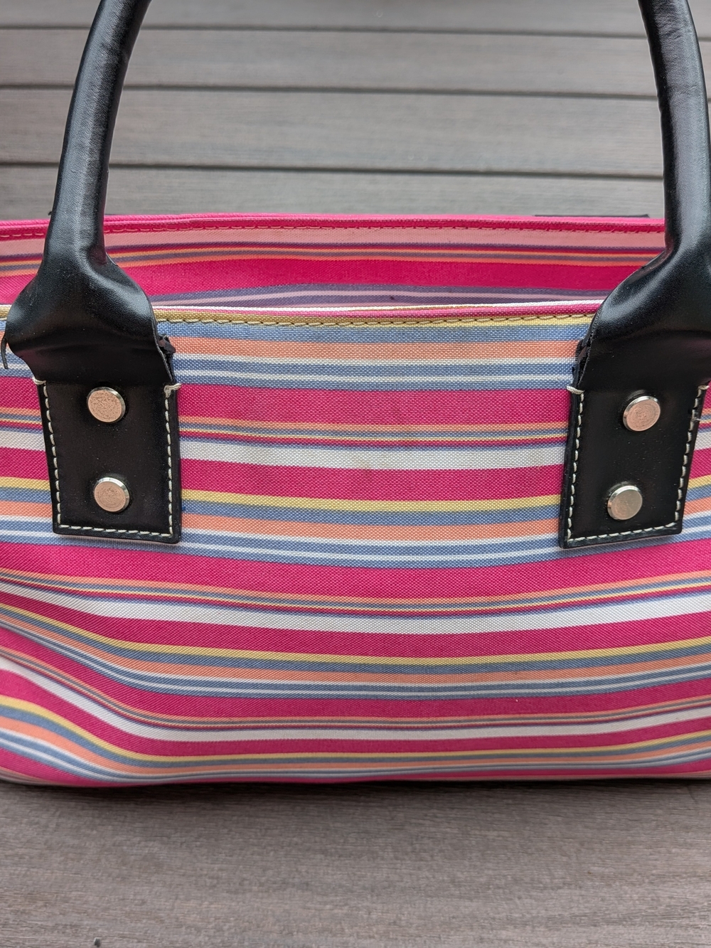 Vintage kate spade Pink Multi-Stripe Satchel with Black Trim - Picture 7 of 14